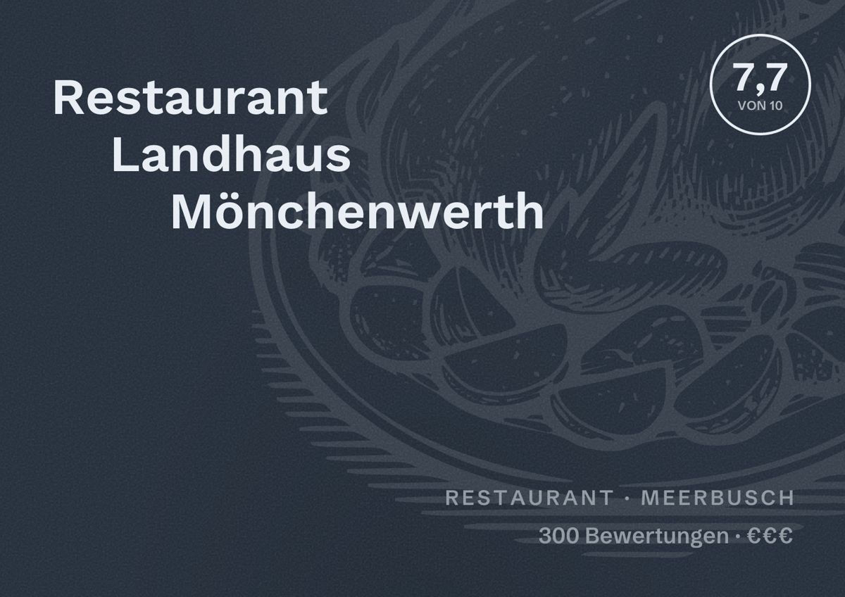 Illustriertes Poster von Restaurant Landhaus Mönchenwerth, Restaurant in Meerbusch: Bewertung 7,7 von 10 aus 300 Bewertungen, Preisniveau €€€