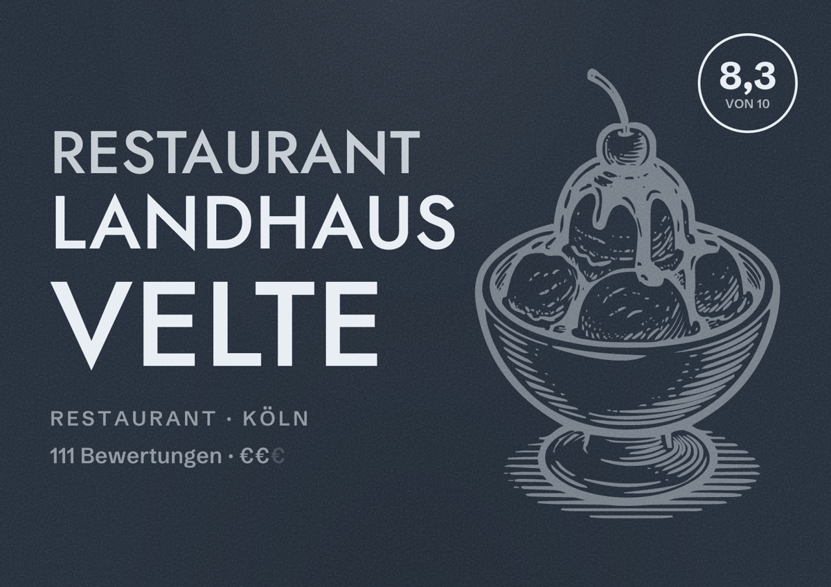 Illustriertes Poster von Restaurant LANDHAUS VELTE, Restaurant in Köln: Bewertung 8,3 von 10 aus 111 Bewertungen, Preisniveau €€
