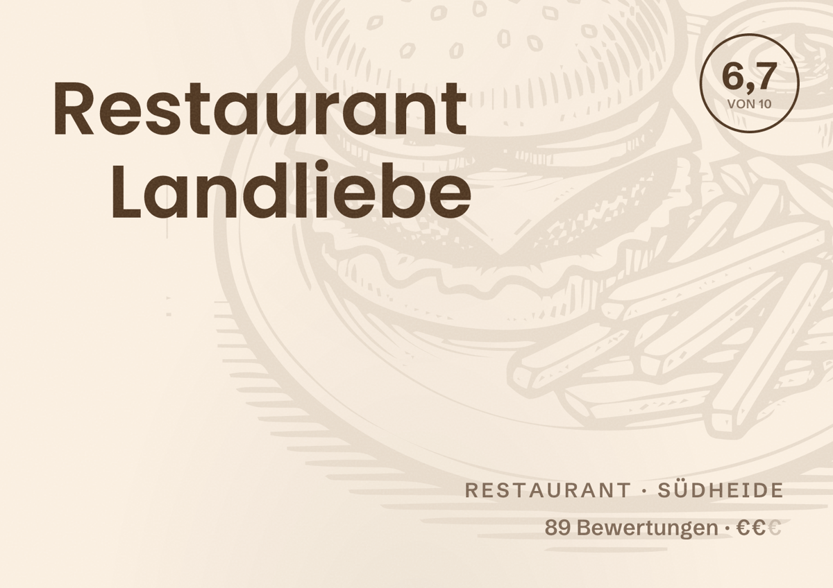 Illustriertes Poster von Restaurant Landliebe, Restaurant in Südheide: Bewertung 6,7 von 10 aus 89 Bewertungen, Preisniveau €€