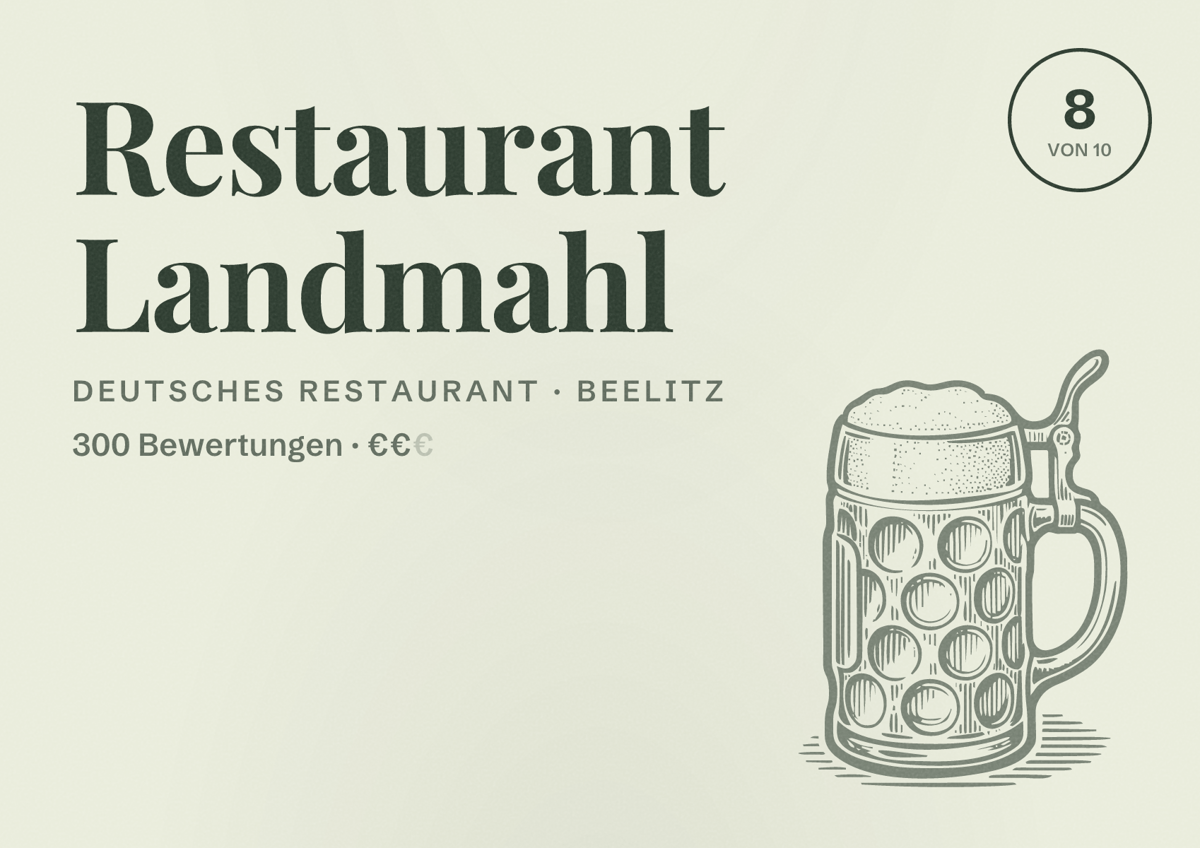 Illustriertes Poster von Restaurant Landmahl, Deutsches Restaurant in Beelitz: Bewertung 8 von 10 aus 300 Bewertungen, Preisniveau €€
