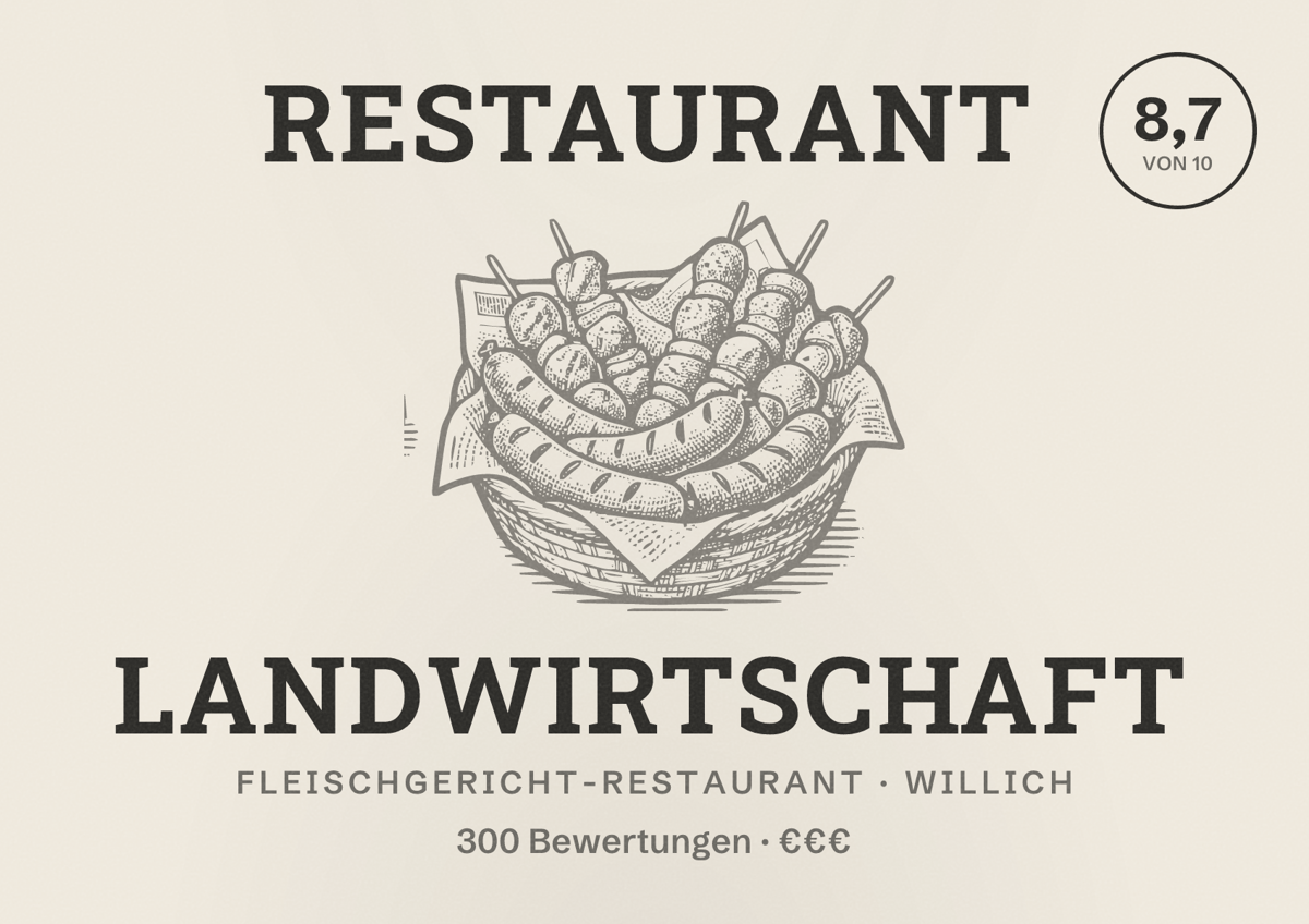 Illustriertes Poster von Restaurant Landwirtschaft, Fleischgericht-Restaurant in Willich: Bewertung 8,7 von 10 aus 300 Bewertungen, Preisniveau €€€