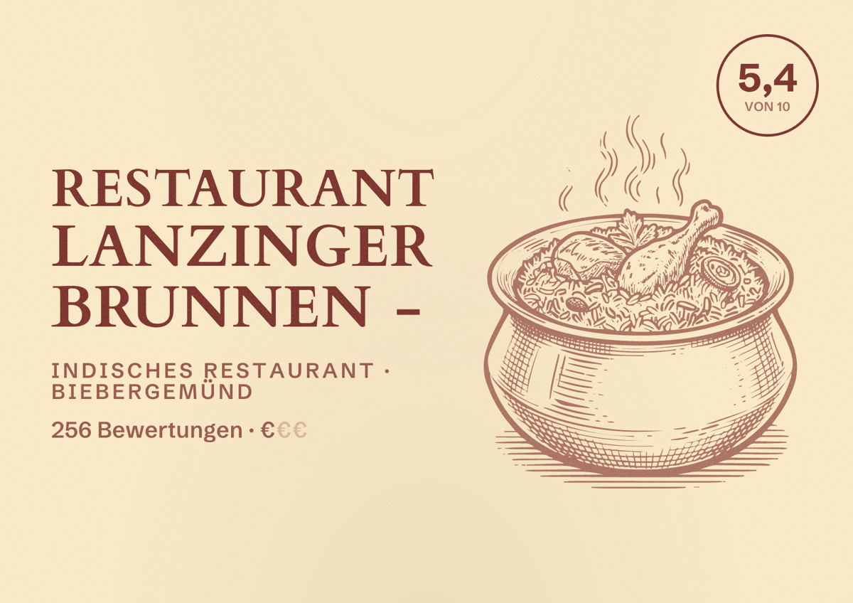 Illustriertes Poster von Restaurant Lanzinger Brunnen -, Indisches Restaurant in Biebergemünd: Bewertung 5,4 von 10 aus 256 Bewertungen, Preisniveau €