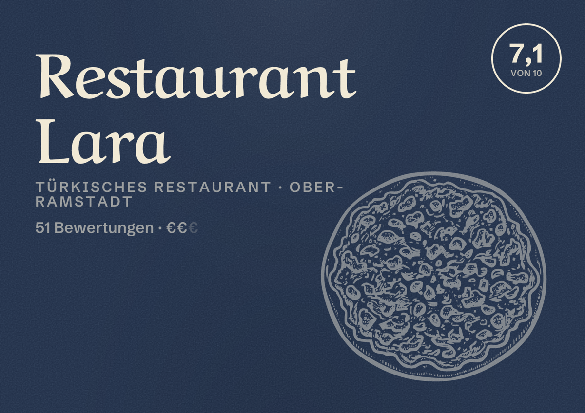 Illustriertes Poster von Restaurant Lara, Türkisches Restaurant in Ober-Ramstadt: Bewertung 7,1 von 10 aus 51 Bewertungen, Preisniveau €€
