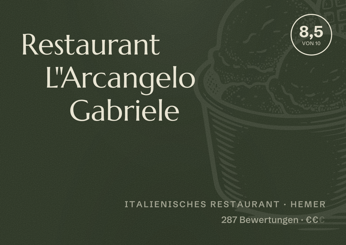 Illustriertes Poster von Restaurant L"Arcangelo Gabriele, Italienisches Restaurant in Hemer: Bewertung 8,5 von 10 aus 287 Bewertungen, Preisniveau €€