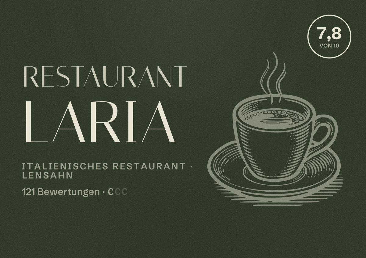 Illustriertes Poster von Restaurant LaRia, Italienisches Restaurant in Lensahn: Bewertung 7,8 von 10 aus 121 Bewertungen, Preisniveau €