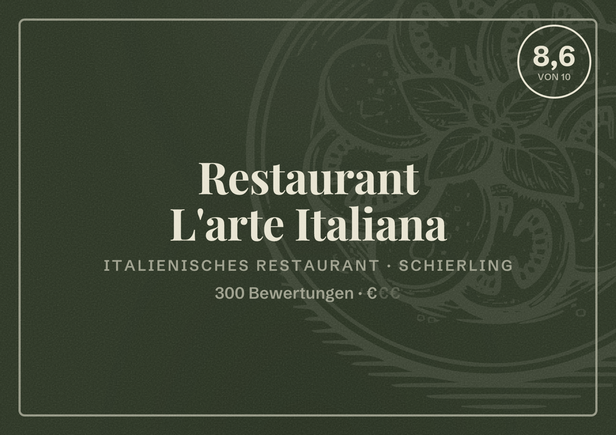 Illustriertes Poster von Restaurant L'arte Italiana, Italienisches Restaurant in Schierling: Bewertung 8,6 von 10 aus 300 Bewertungen, Preisniveau €