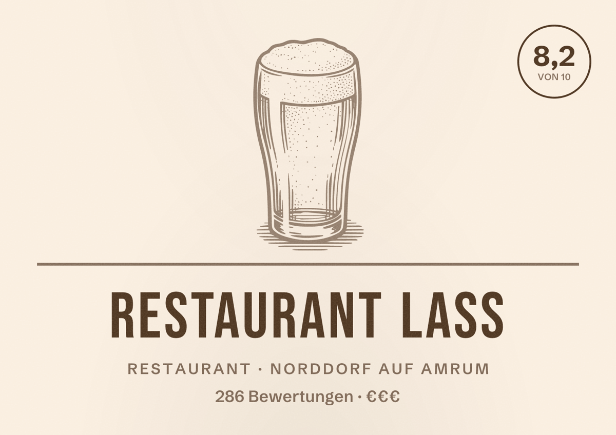 Illustriertes Poster von Restaurant Lass, Restaurant in Norddorf auf Amrum: Bewertung 8,2 von 10 aus 286 Bewertungen, Preisniveau €€€