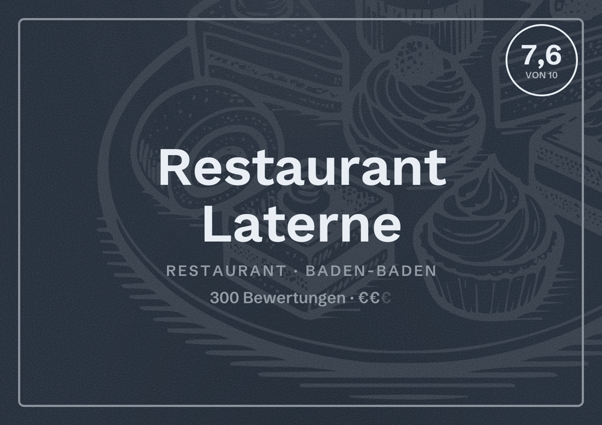 Illustriertes Poster von Restaurant Laterne, Restaurant in Baden-Baden: Bewertung 7,6 von 10 aus 300 Bewertungen, Preisniveau €€