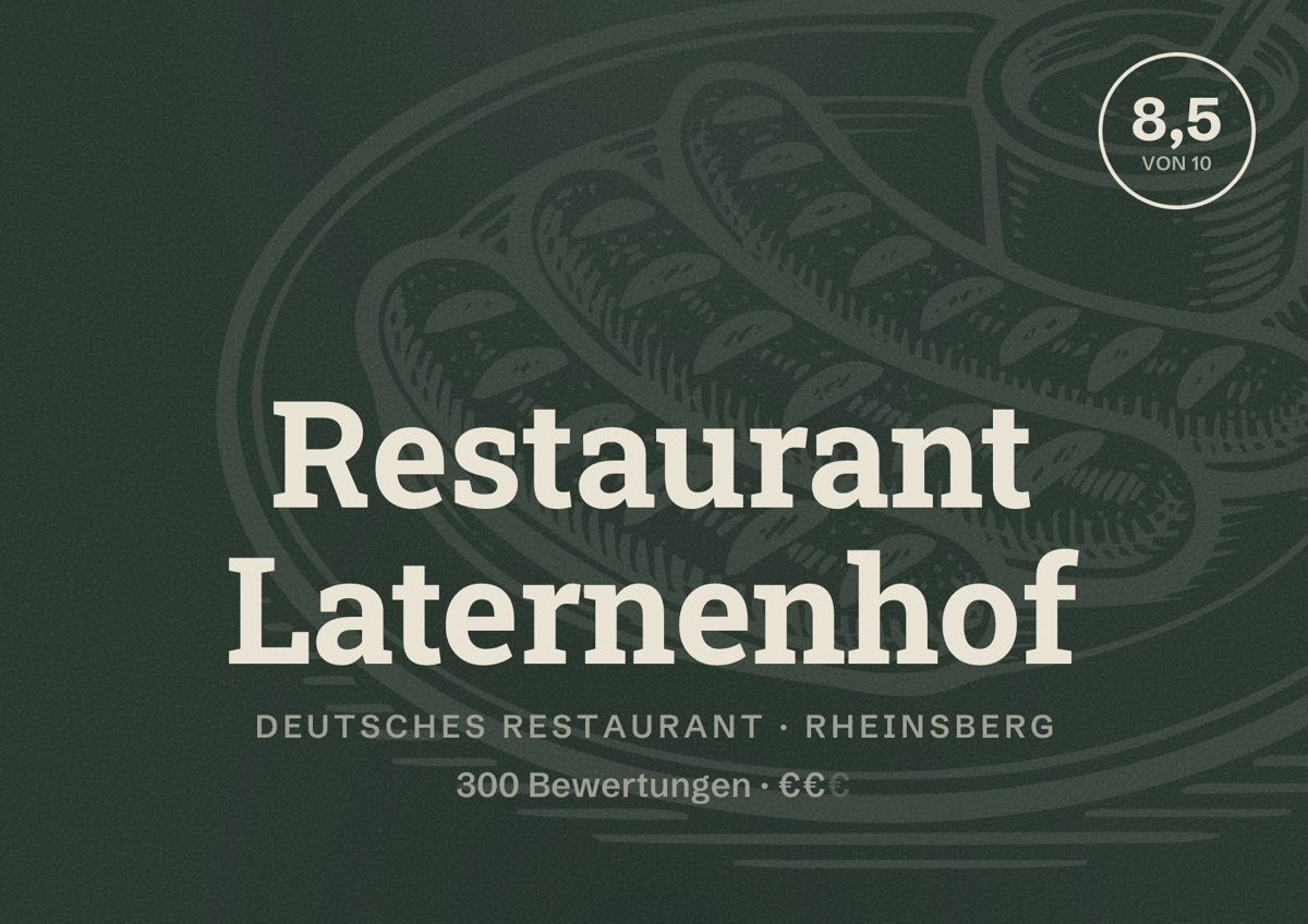 Illustriertes Poster von Restaurant Laternenhof, Deutsches Restaurant in Rheinsberg: Bewertung 8,5 von 10 aus 300 Bewertungen, Preisniveau €€
