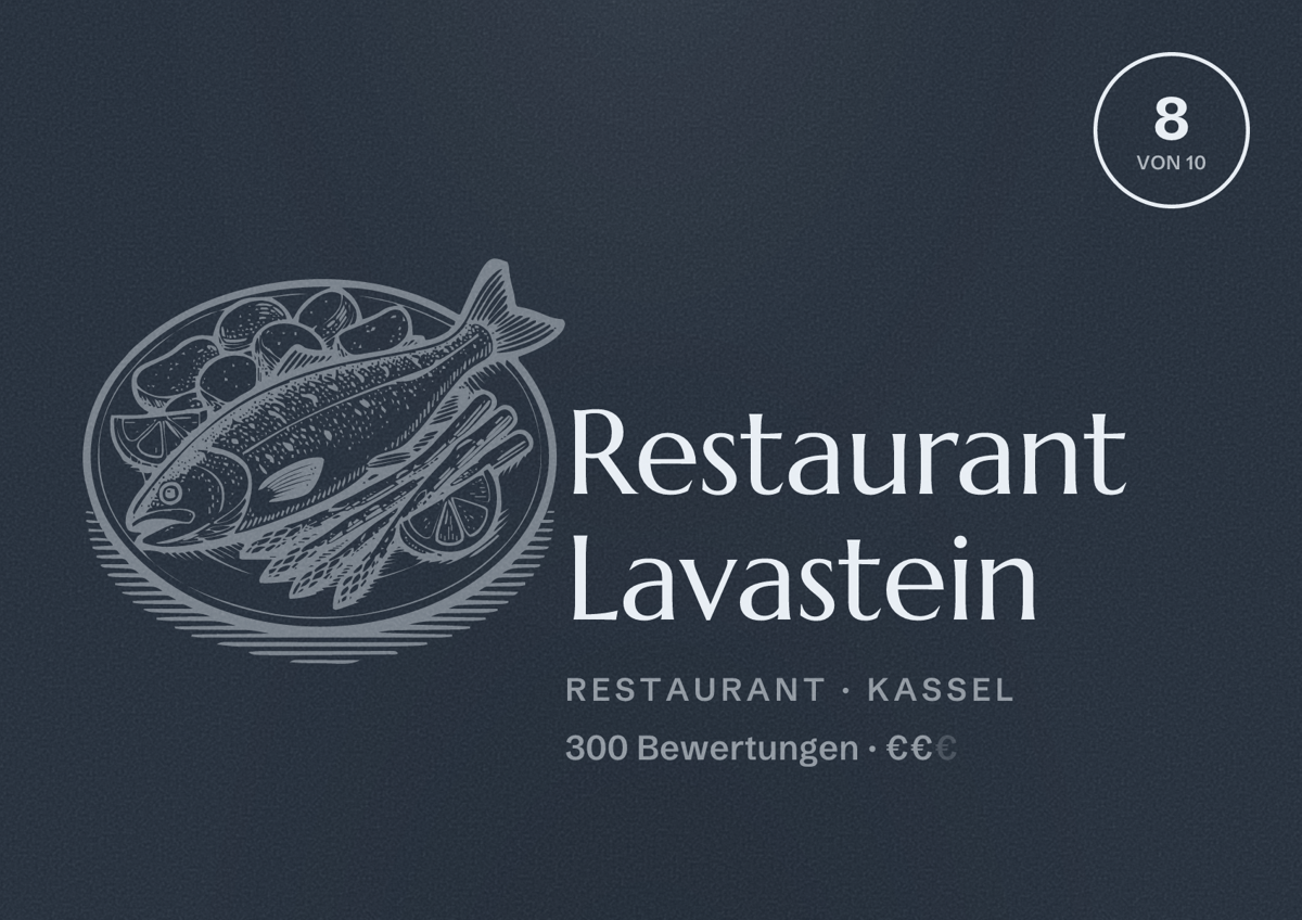 Illustriertes Poster von Restaurant Lavastein, Restaurant in Kassel: Bewertung 8 von 10 aus 300 Bewertungen, Preisniveau €€