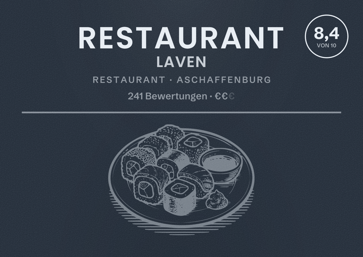 Illustriertes Poster von Restaurant Laven, Restaurant in Aschaffenburg: Bewertung 8,4 von 10 aus 241 Bewertungen, Preisniveau €€