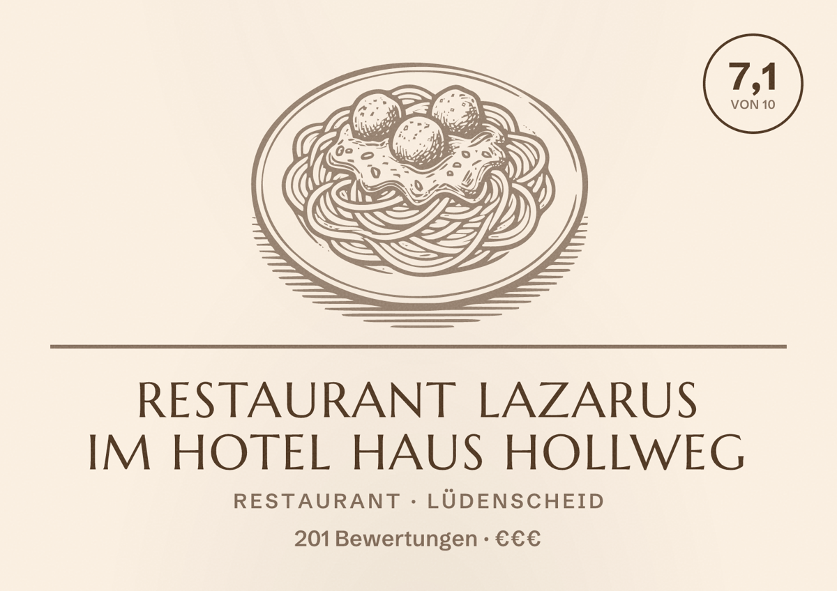 Illustriertes Poster von Restaurant Lazarus im Hotel Haus Hollweg, Restaurant in Lüdenscheid: Bewertung 7,1 von 10 aus 201 Bewertungen, Preisniveau €€€