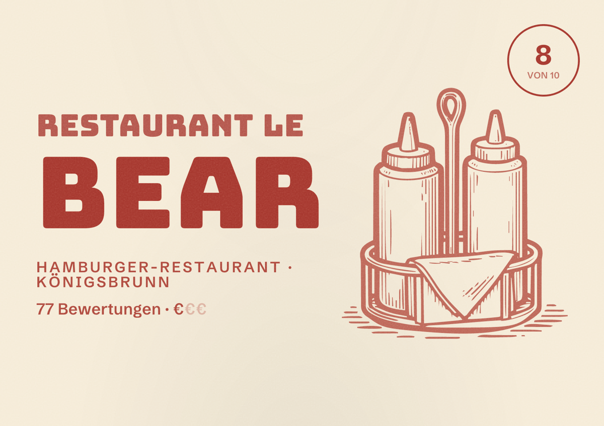 Illustriertes Poster von Restaurant Le Bear, Hamburger-Restaurant in Königsbrunn: Bewertung 8 von 10 aus 77 Bewertungen, Preisniveau €