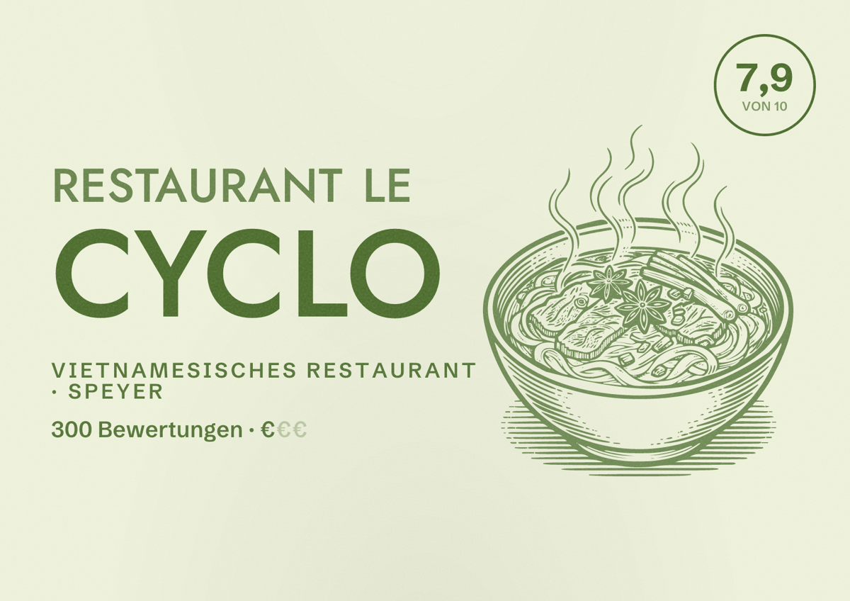Illustriertes Poster von Restaurant Le Cyclo, Vietnamesisches Restaurant in Speyer: Bewertung 7,9 von 10 aus 300 Bewertungen, Preisniveau €