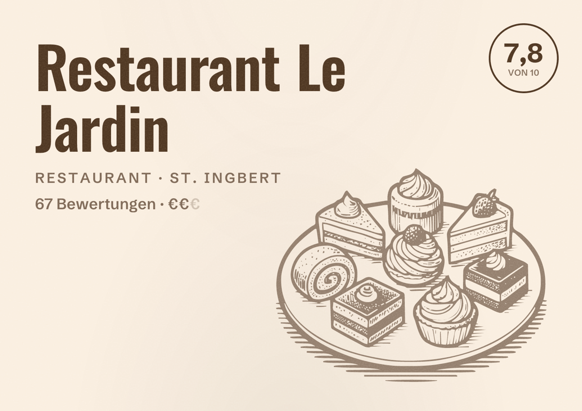 Illustriertes Poster von Restaurant Le Jardin, Restaurant in St. Ingbert: Bewertung 7,8 von 10 aus 67 Bewertungen, Preisniveau €€