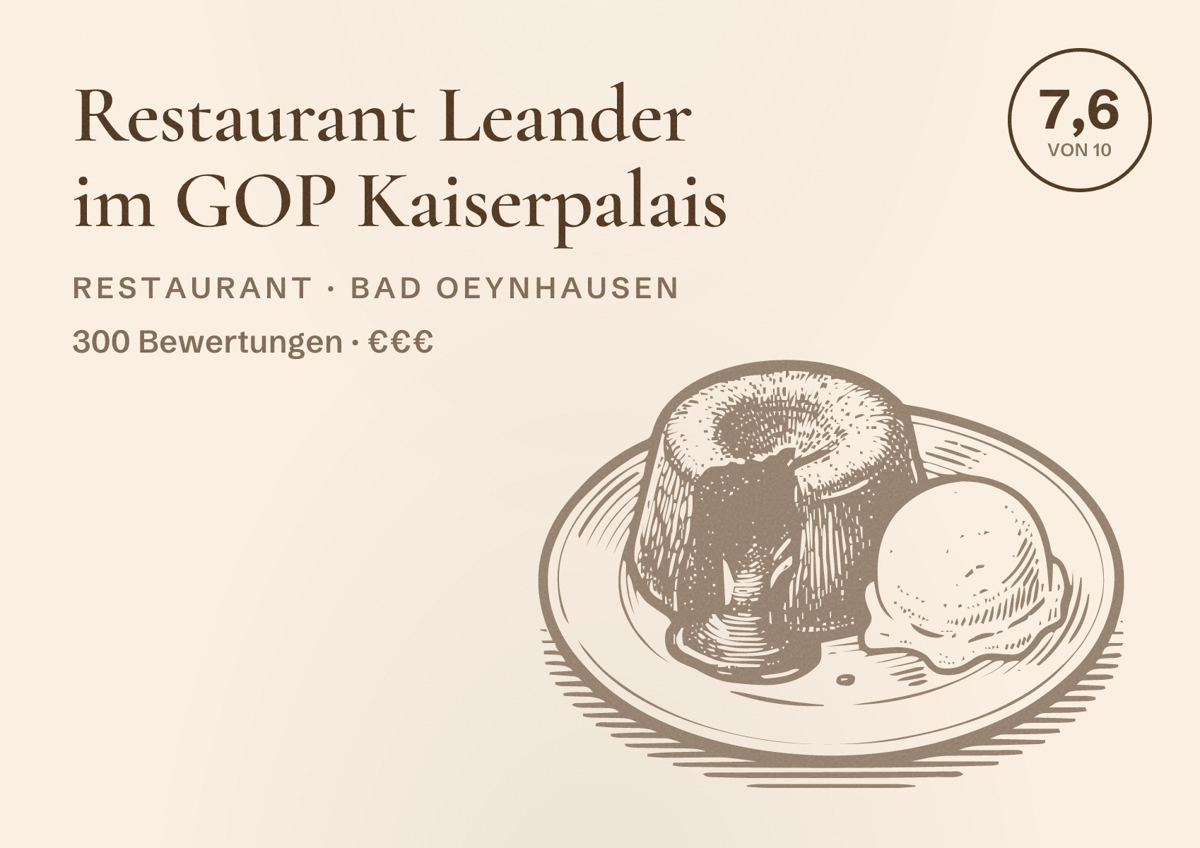 Illustriertes Poster von Restaurant Leander im GOP Kaiserpalais, Restaurant in Bad Oeynhausen: Bewertung 7,6 von 10 aus 300 Bewertungen, Preisniveau €€€