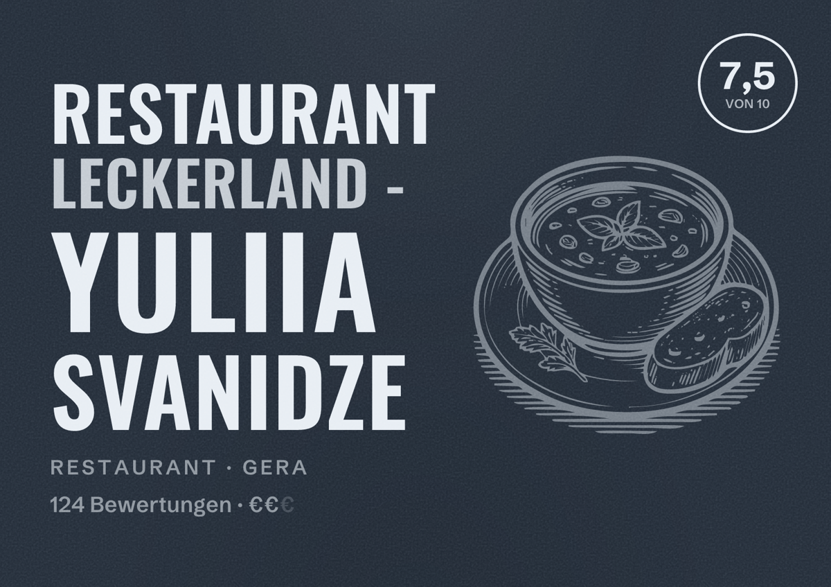 Illustriertes Poster von Restaurant Leckerland - Yuliia Svanidze, Restaurant in Gera: Bewertung 7,5 von 10 aus 124 Bewertungen, Preisniveau €€