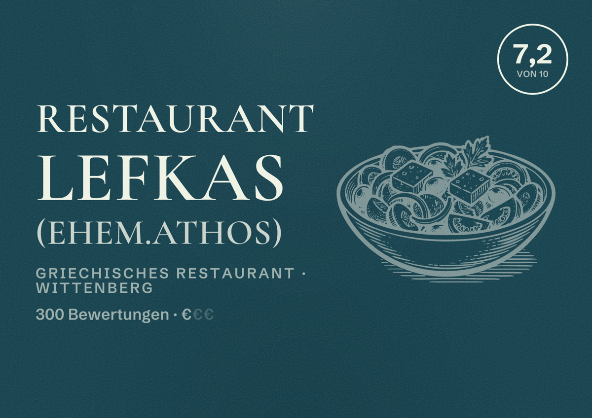 Illustriertes Poster von Restaurant Lefkas (ehem.Athos), Griechisches Restaurant in Wittenberg: Bewertung 7,2 von 10 aus 300 Bewertungen, Preisniveau €