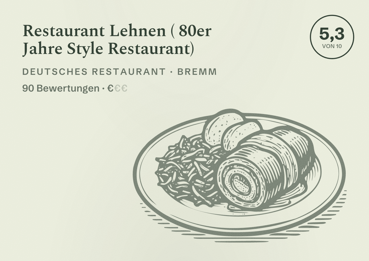 Illustriertes Poster von Restaurant Lehnen ( 80er Jahre Style Restaurant), Deutsches Restaurant in Bremm: Bewertung 5,3 von 10 aus 90 Bewertungen, Preisniveau €