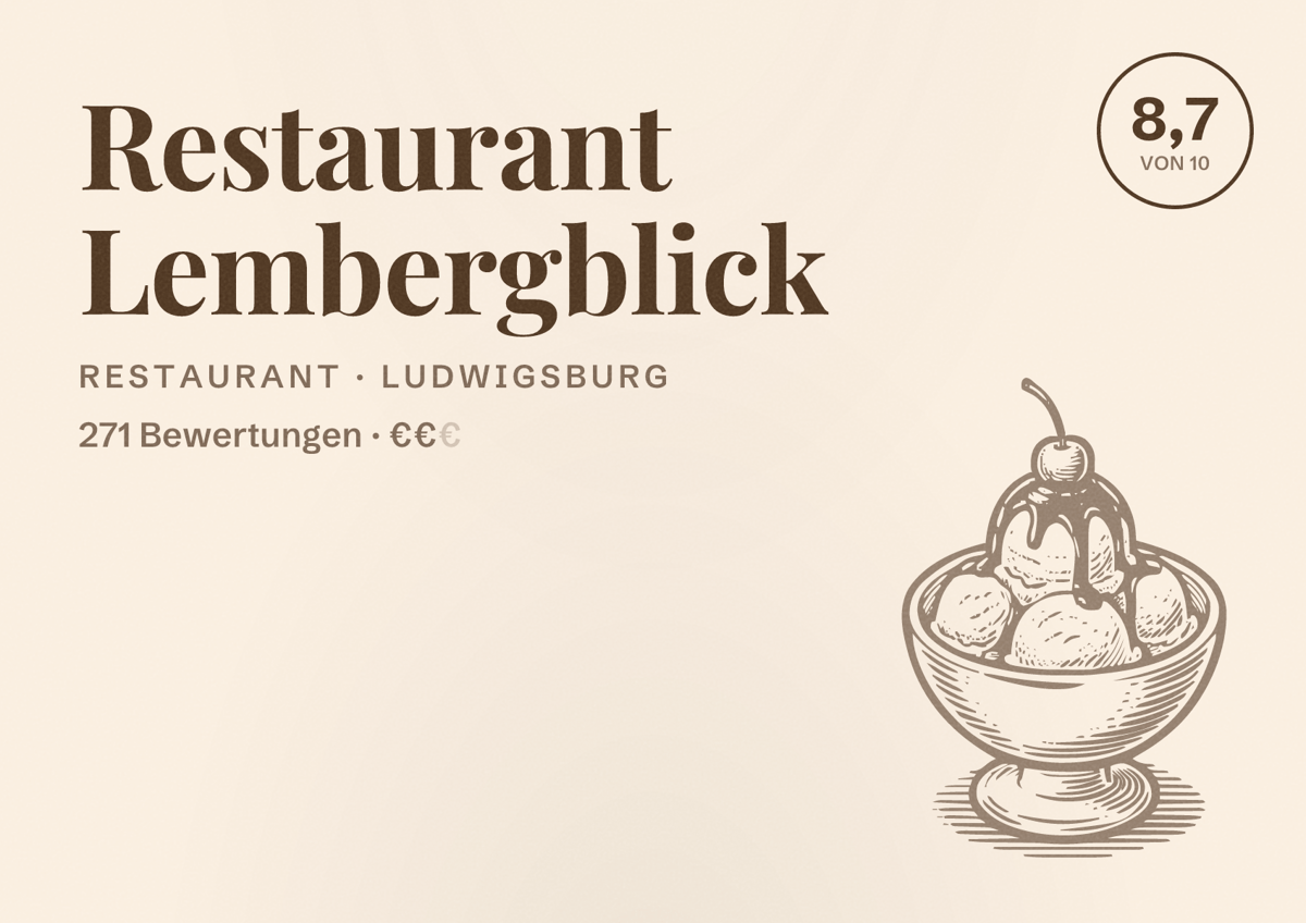 Illustriertes Poster von Restaurant Lembergblick, Restaurant in Ludwigsburg: Bewertung 8,7 von 10 aus 271 Bewertungen, Preisniveau €€