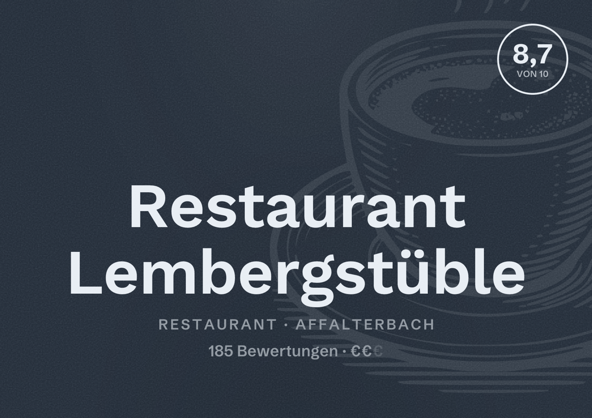 Illustriertes Poster von Restaurant Lembergstüble, Restaurant in Affalterbach: Bewertung 8,7 von 10 aus 185 Bewertungen, Preisniveau €€