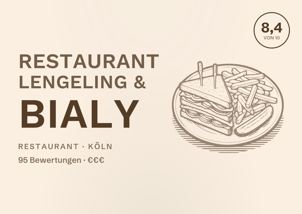 Illustriertes Poster von Restaurant Lengeling & Bialy, Restaurant in Köln: Bewertung 8,4 von 10 aus 95 Bewertungen, Preisniveau €€€