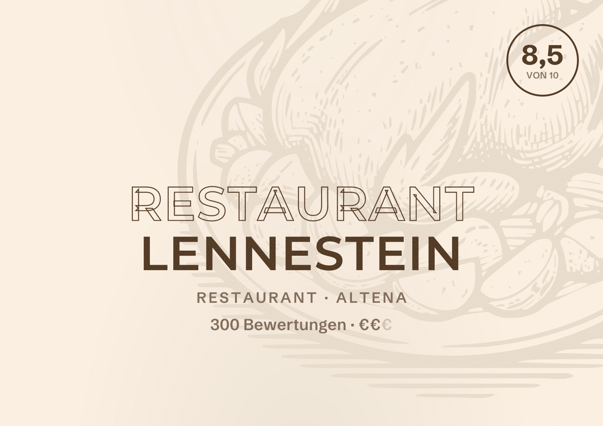 Illustriertes Poster von Restaurant Lennestein, Restaurant in Altena: Bewertung 8,5 von 10 aus 300 Bewertungen, Preisniveau €€