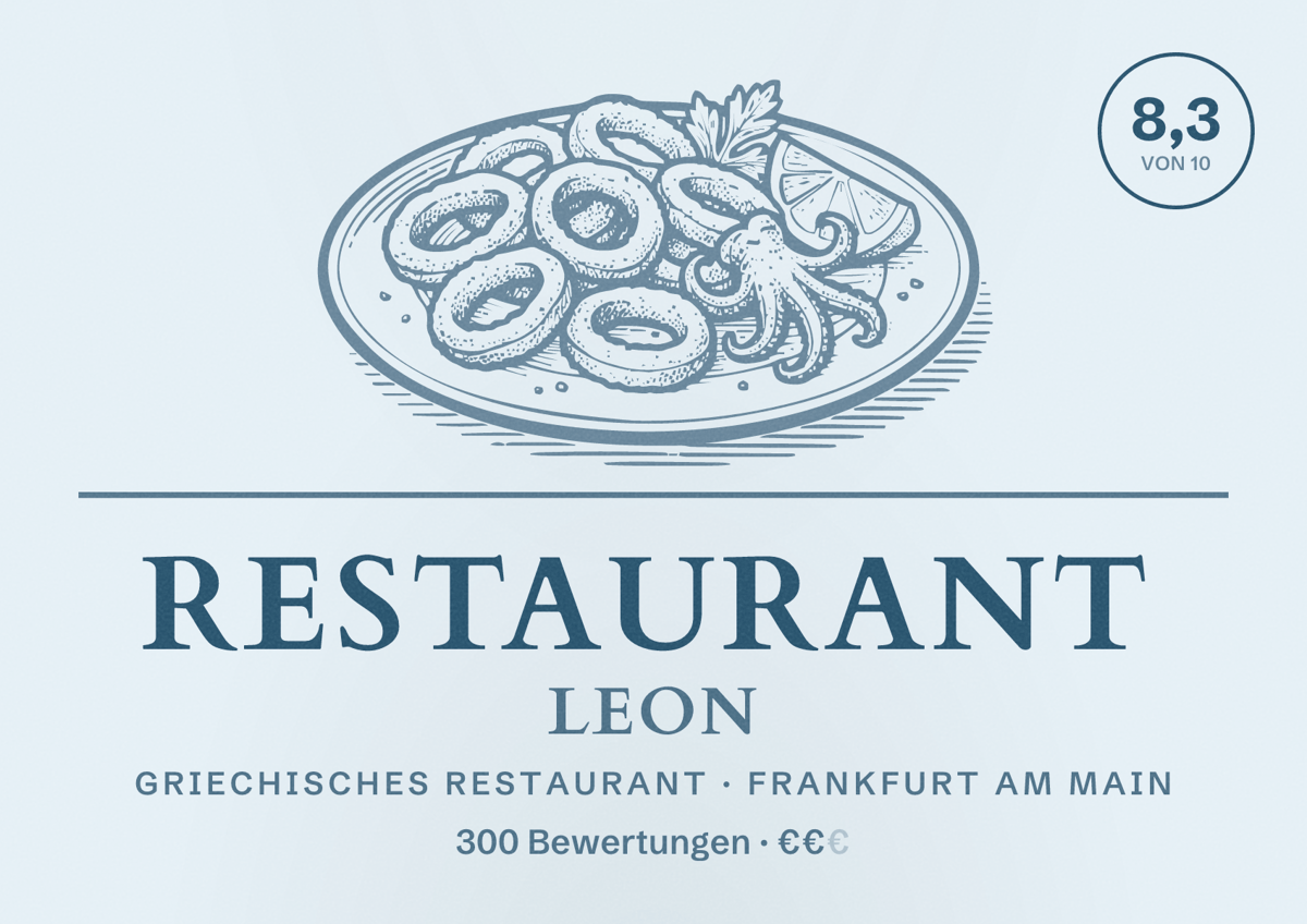 Illustriertes Poster von Restaurant Leon, Griechisches Restaurant in Frankfurt am Main: Bewertung 8,3 von 10 aus 300 Bewertungen, Preisniveau €€