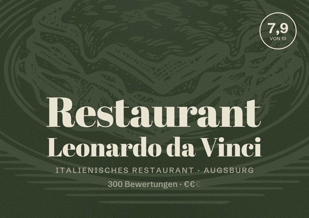 Illustriertes Poster von Restaurant Leonardo da Vinci, Italienisches Restaurant in Augsburg: Bewertung 7,9 von 10 aus 300 Bewertungen, Preisniveau €€