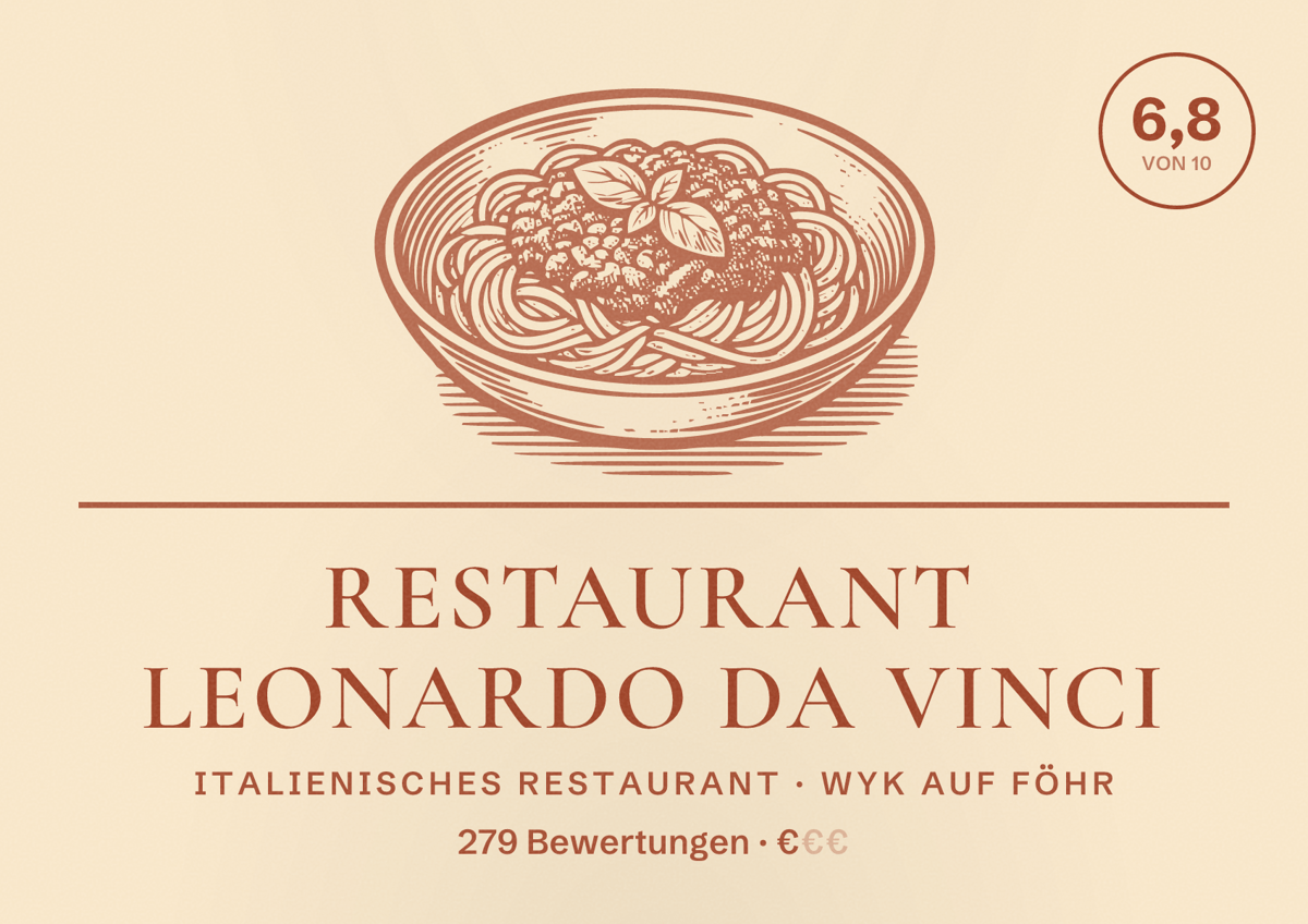 Illustriertes Poster von Restaurant Leonardo da Vinci, Italienisches Restaurant in Wyk auf Föhr: Bewertung 6,8 von 10 aus 279 Bewertungen, Preisniveau €