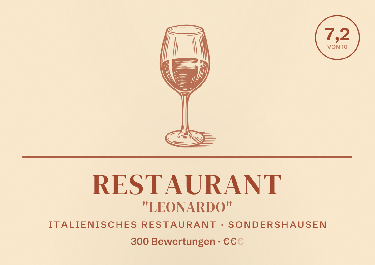Illustriertes Poster von Restaurant "Leonardo", Italienisches Restaurant in Sondershausen: Bewertung 7,2 von 10 aus 300 Bewertungen, Preisniveau €€