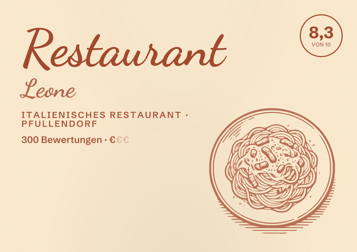 Illustriertes Poster von Restaurant Leone, Italienisches Restaurant in Pfullendorf: Bewertung 8,3 von 10 aus 300 Bewertungen, Preisniveau €
