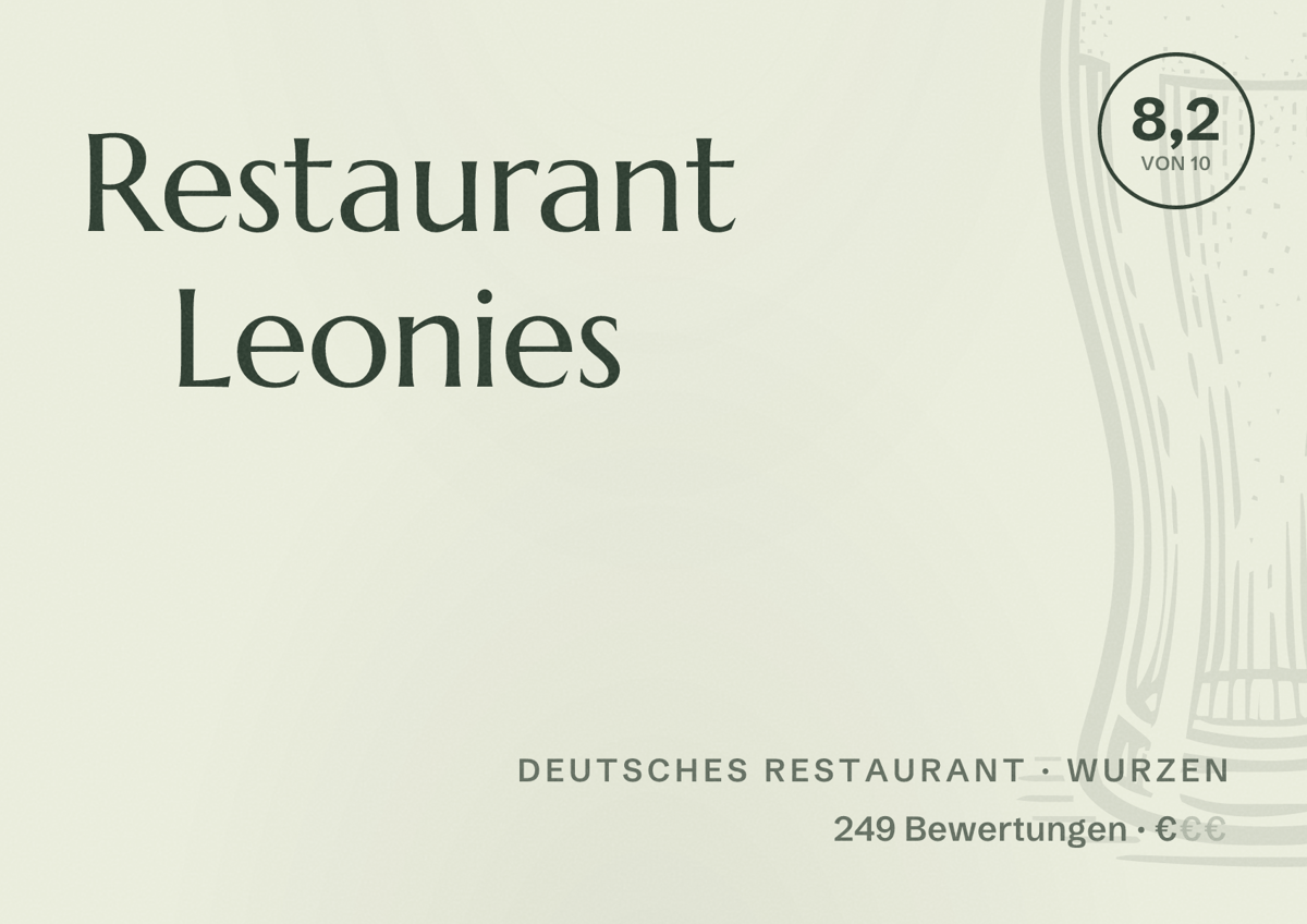 Illustriertes Poster von Restaurant Leonies, Deutsches Restaurant in Wurzen: Bewertung 8,2 von 10 aus 249 Bewertungen, Preisniveau €