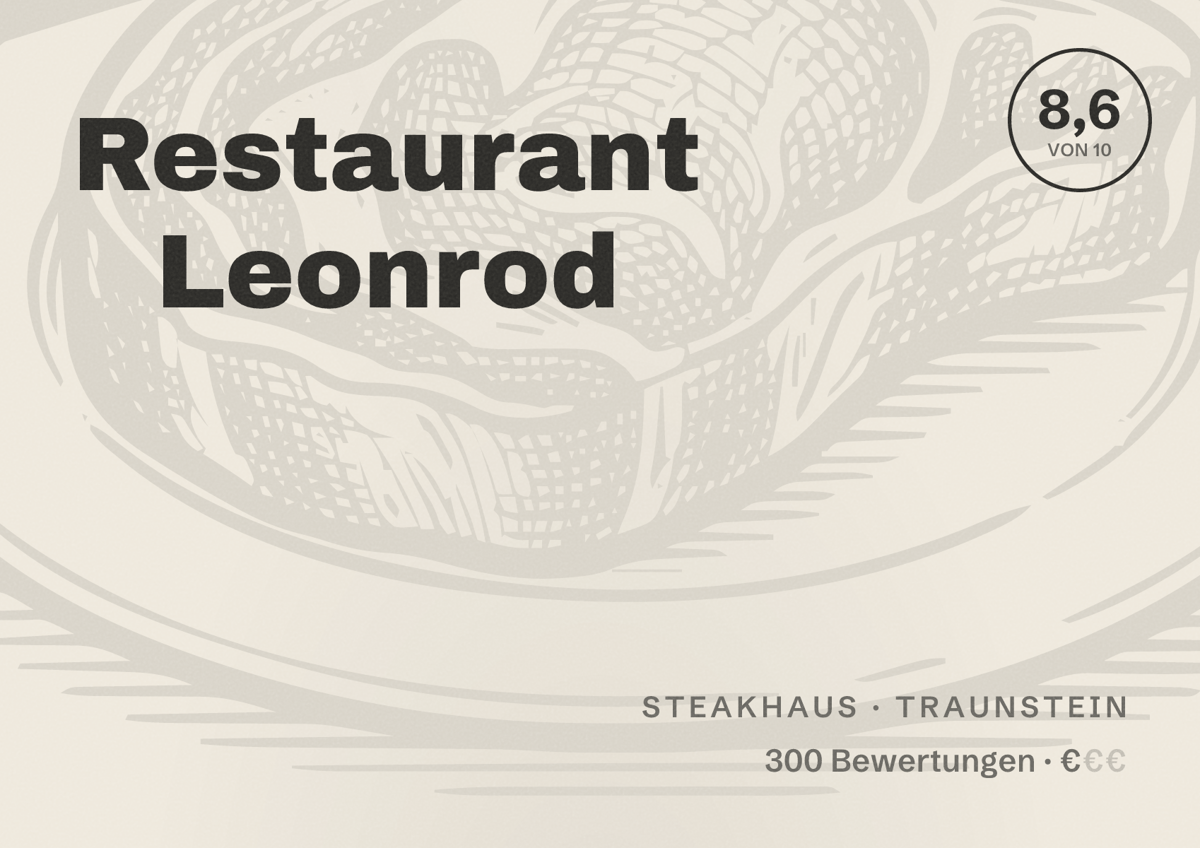 Illustriertes Poster von Restaurant Leonrod, Steakhaus in Traunstein: Bewertung 8,6 von 10 aus 300 Bewertungen, Preisniveau €