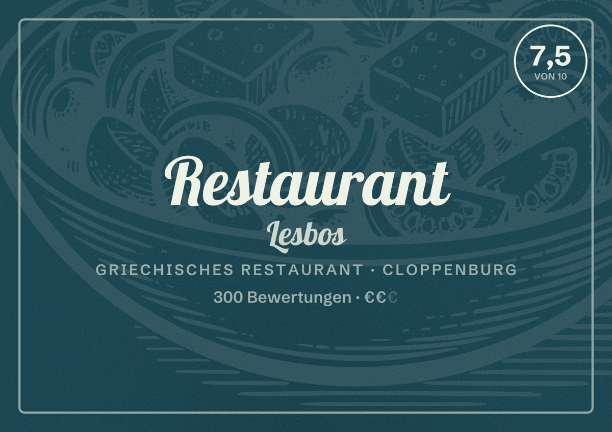 Illustriertes Poster von Restaurant Lesbos, Griechisches Restaurant in Cloppenburg: Bewertung 7,5 von 10 aus 300 Bewertungen, Preisniveau €€