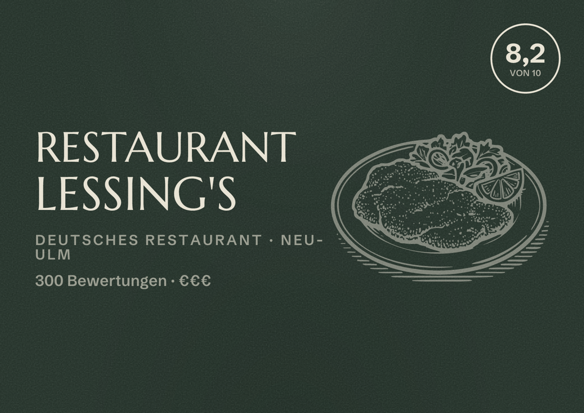 Illustriertes Poster von Restaurant Lessing's, Deutsches Restaurant in Neu-Ulm: Bewertung 8,2 von 10 aus 300 Bewertungen, Preisniveau €€€