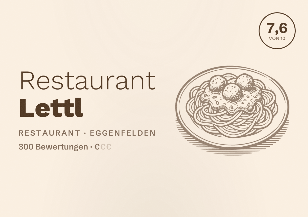 Illustriertes Poster von Restaurant Lettl, Restaurant in Eggenfelden: Bewertung 7,6 von 10 aus 300 Bewertungen, Preisniveau €