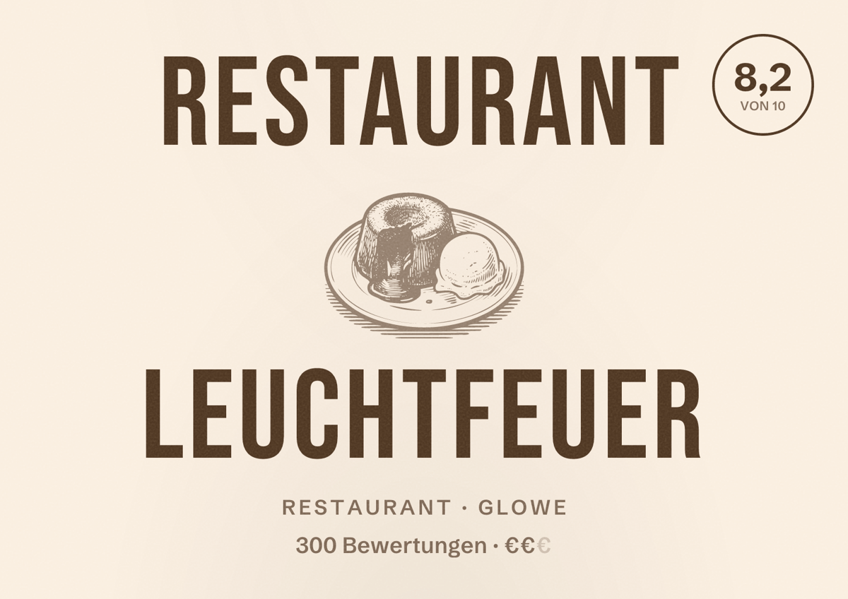 Illustriertes Poster von Restaurant Leuchtfeuer, Restaurant in Glowe: Bewertung 8,2 von 10 aus 300 Bewertungen, Preisniveau €€