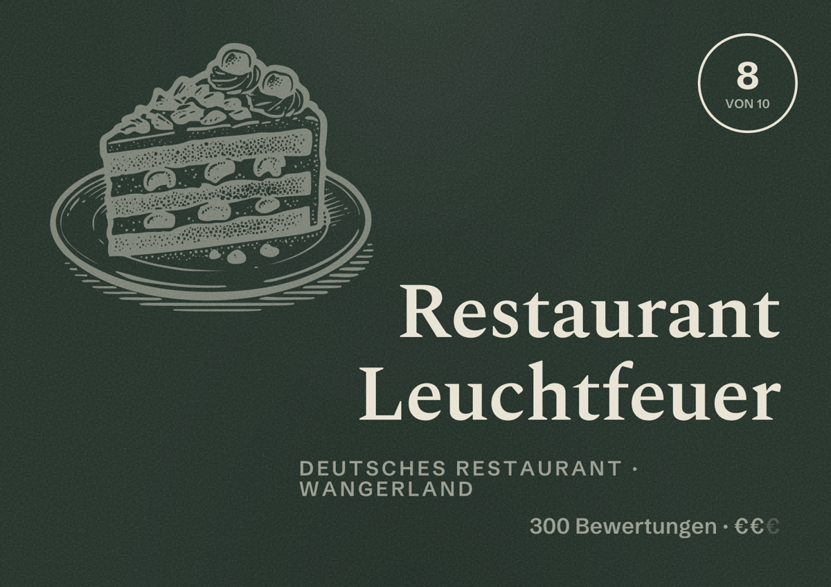 Illustriertes Poster von Restaurant Leuchtfeuer, Deutsches Restaurant in Wangerland: Bewertung 8 von 10 aus 300 Bewertungen, Preisniveau €€