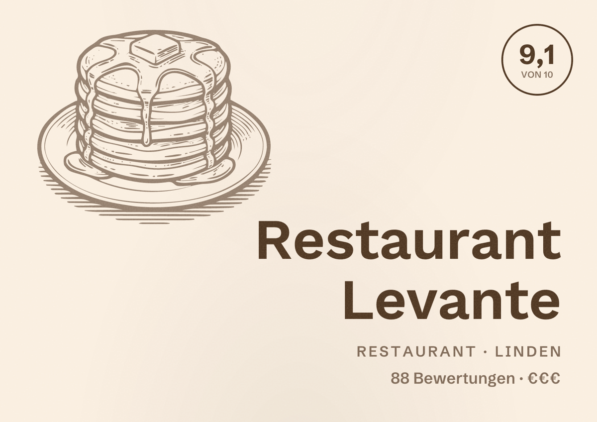 Illustriertes Poster von Restaurant Levante, Restaurant in Linden: Bewertung 9,1 von 10 aus 88 Bewertungen, Preisniveau €€€