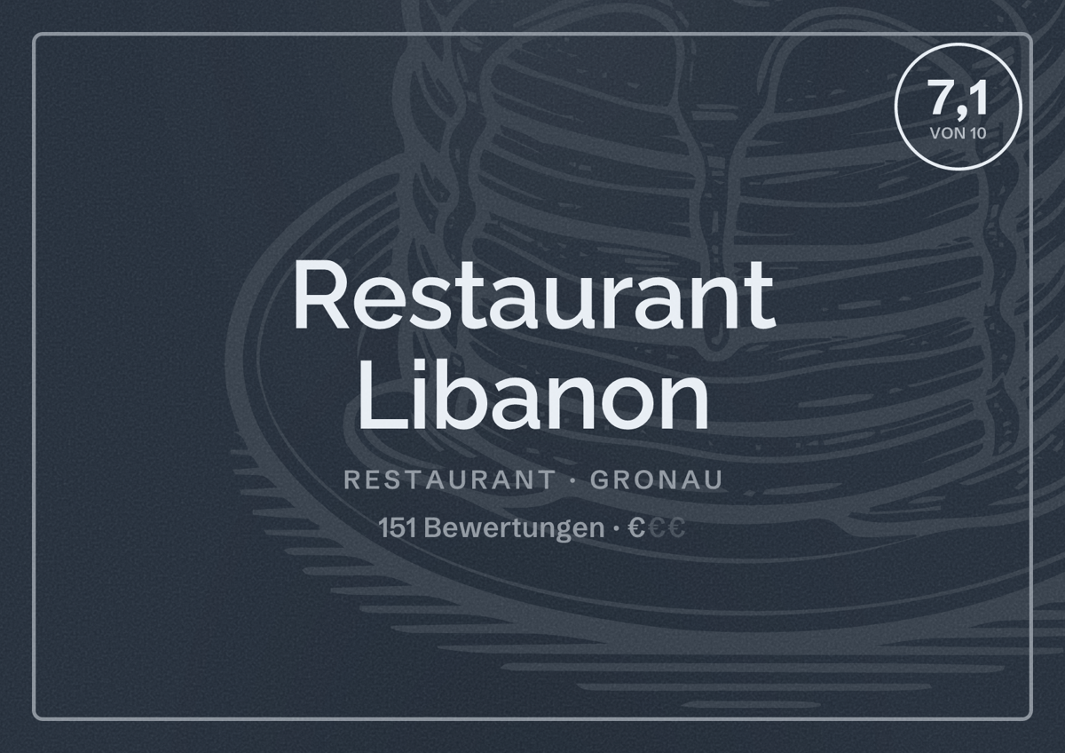 Illustriertes Poster von Restaurant Libanon, Restaurant in Gronau: Bewertung 7,1 von 10 aus 151 Bewertungen, Preisniveau €