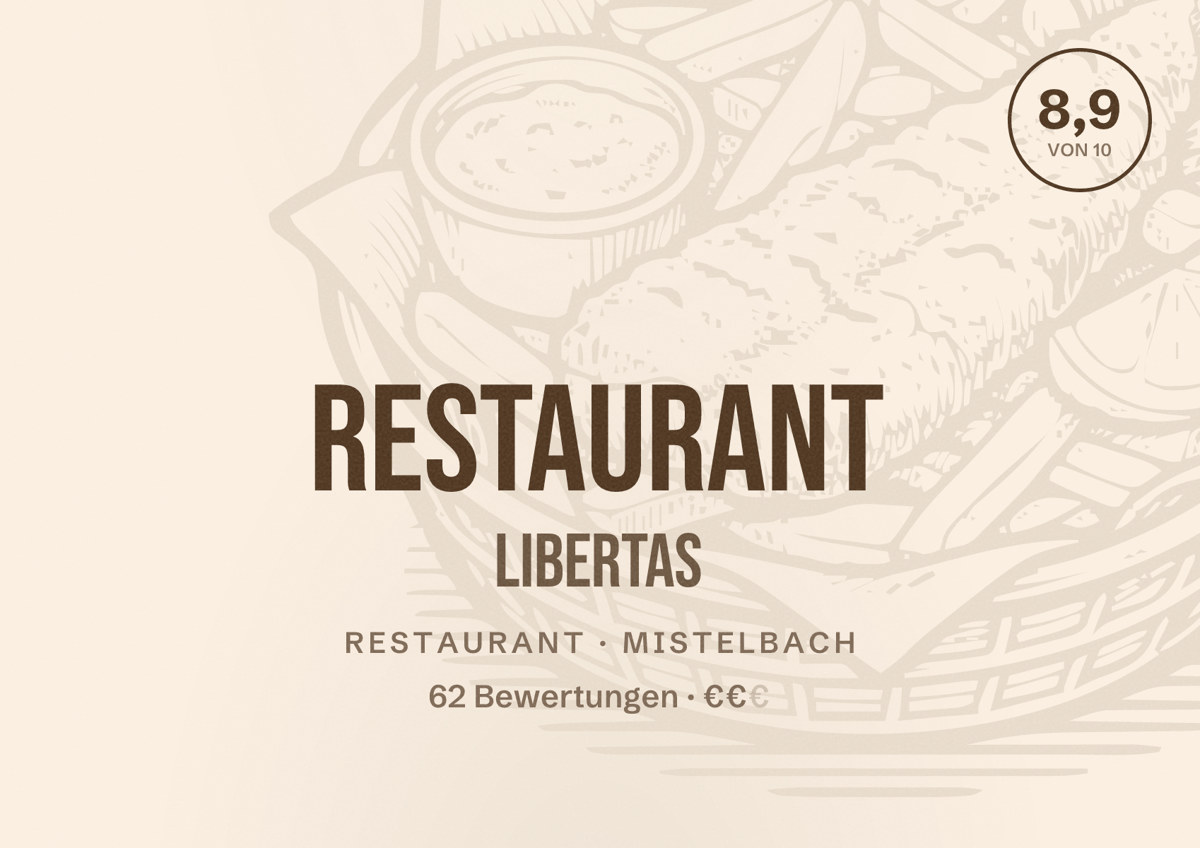 Illustriertes Poster von Restaurant Libertas, Restaurant in Mistelbach: Bewertung 8,9 von 10 aus 62 Bewertungen, Preisniveau €€