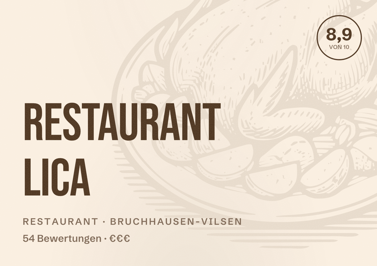 Illustriertes Poster von Restaurant LiCa, Restaurant in Bruchhausen-Vilsen: Bewertung 8,9 von 10 aus 54 Bewertungen, Preisniveau €€€