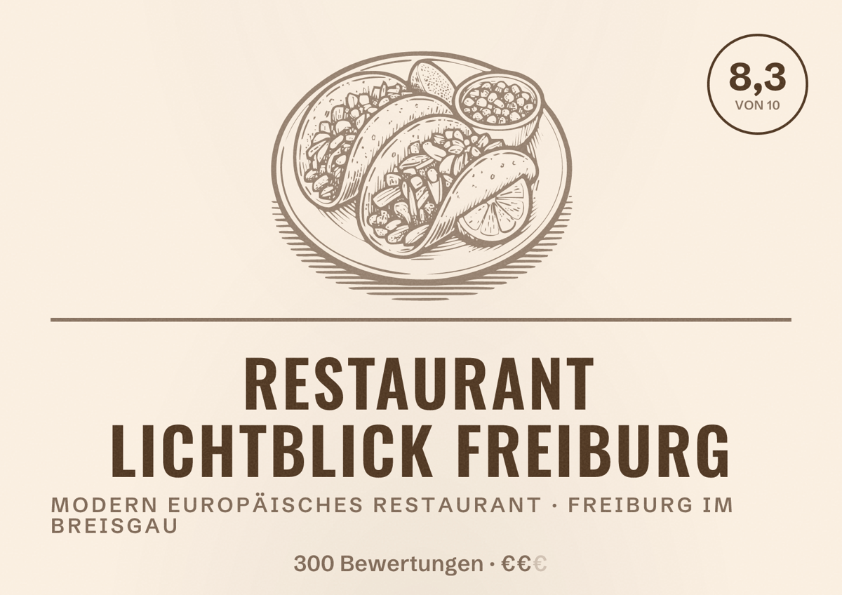 Illustriertes Poster von Restaurant Lichtblick Freiburg, Modern europäisches Restaurant in Freiburg im Breisgau: Bewertung 8,3 von 10 aus 300 Bewertungen, Preisniveau €€
