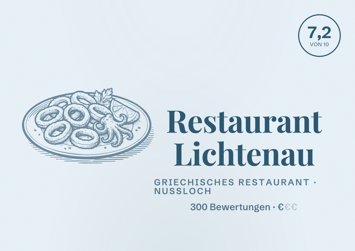 Illustriertes Poster von Restaurant Lichtenau, Griechisches Restaurant in Nußloch: Bewertung 7,2 von 10 aus 300 Bewertungen, Preisniveau €