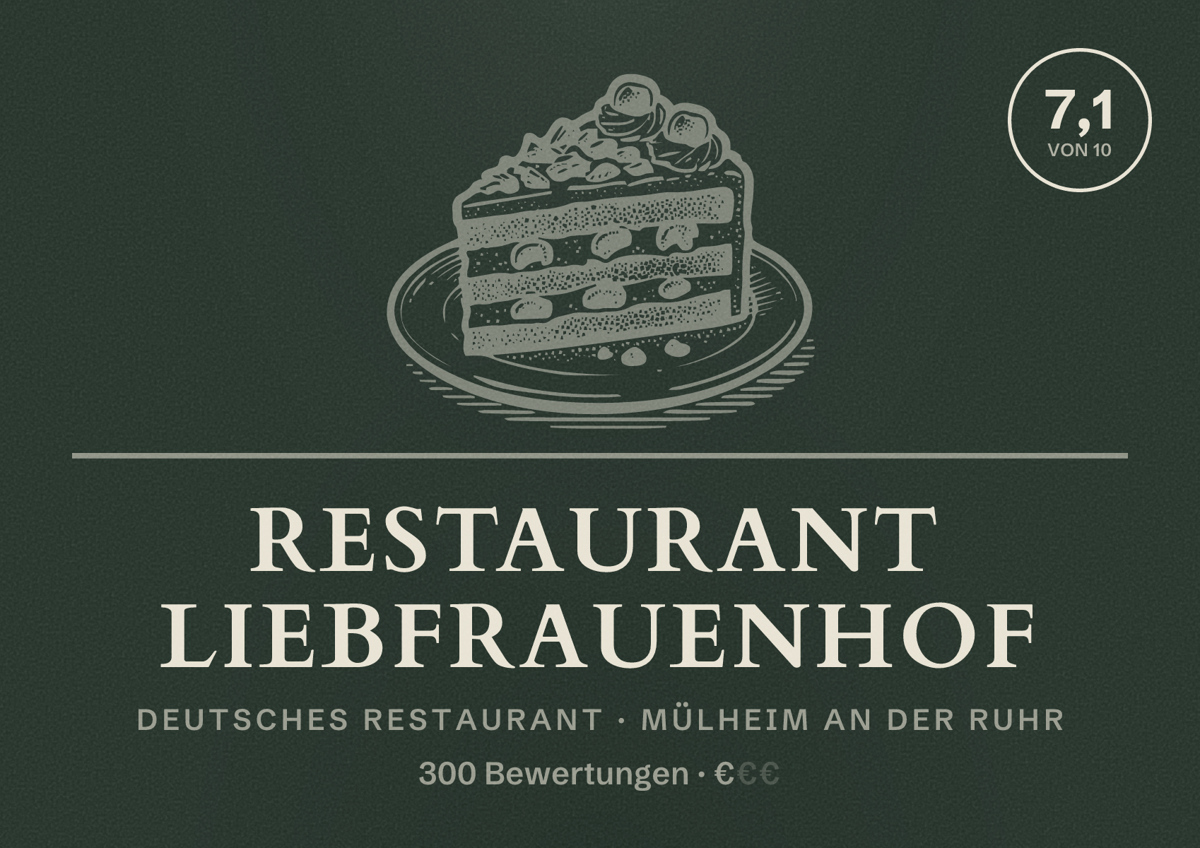 Illustriertes Poster von Restaurant Liebfrauenhof, Deutsches Restaurant in Mülheim an der Ruhr: Bewertung 7,1 von 10 aus 300 Bewertungen, Preisniveau €