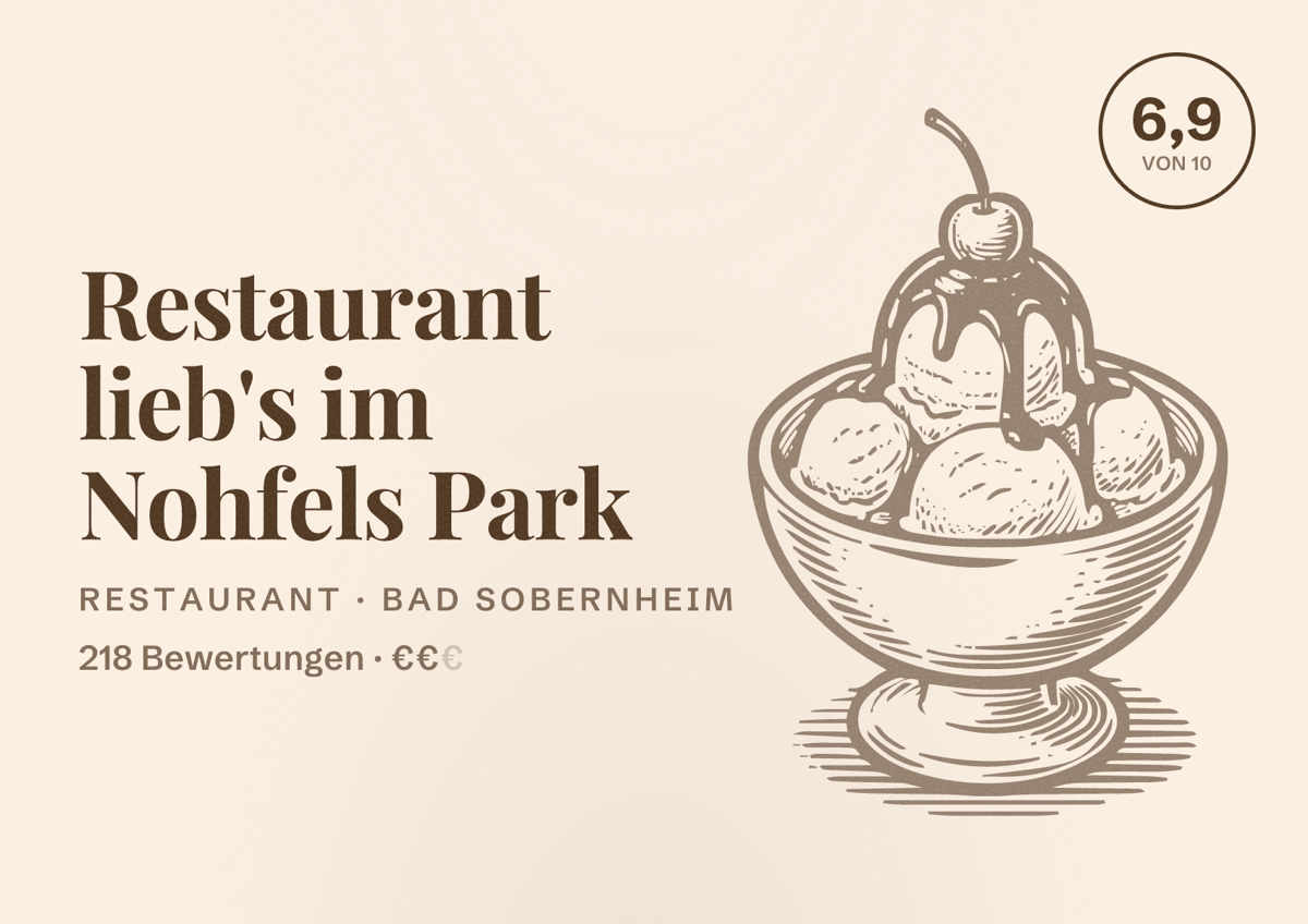 Illustriertes Poster von Restaurant lieb's im Nohfels Park, Restaurant in Bad Sobernheim: Bewertung 6,9 von 10 aus 218 Bewertungen, Preisniveau €€