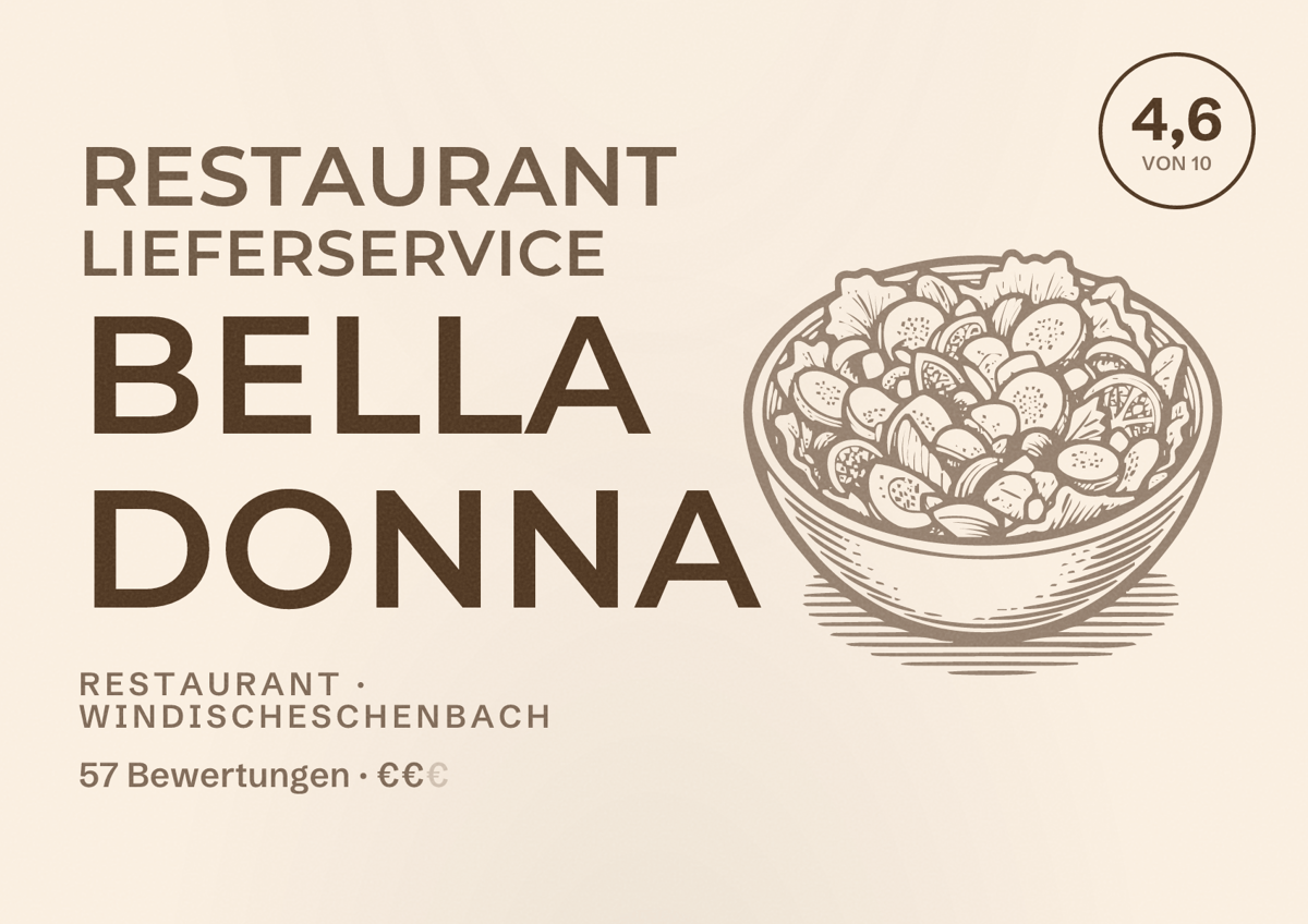 Illustriertes Poster von Restaurant Lieferservice Bella Donna, Restaurant in Windischeschenbach: Bewertung 4,6 von 10 aus 57 Bewertungen, Preisniveau €€