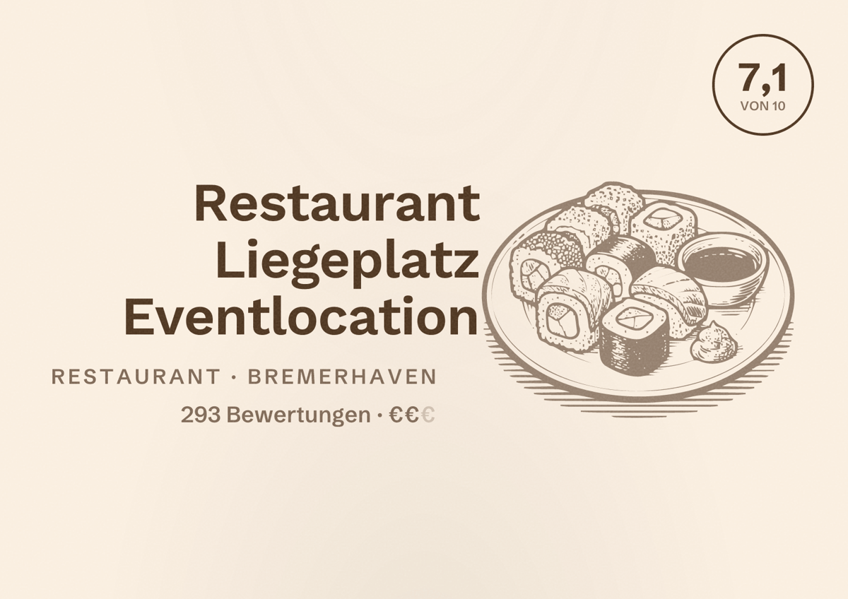 Illustriertes Poster von Restaurant Liegeplatz Eventlocation, Restaurant in Bremerhaven: Bewertung 7,1 von 10 aus 293 Bewertungen, Preisniveau €€