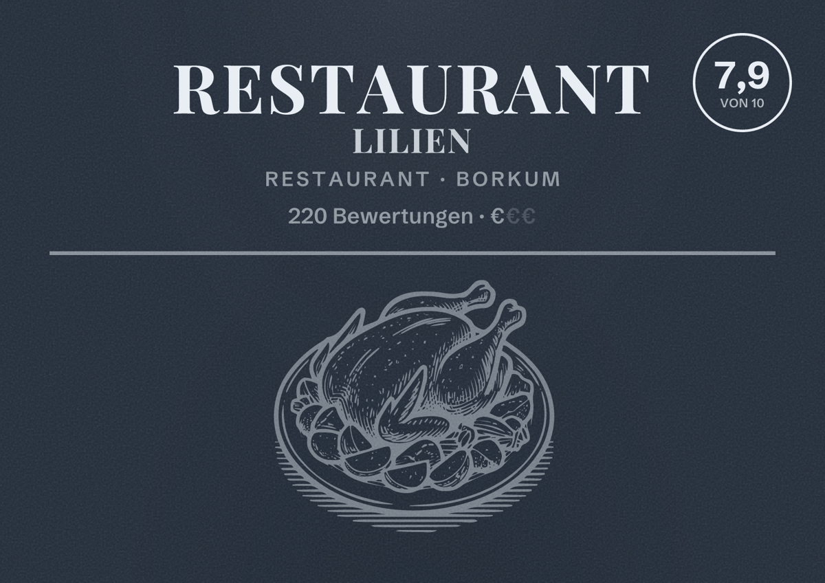 Illustriertes Poster von Restaurant Lilien, Restaurant in Borkum: Bewertung 7,9 von 10 aus 220 Bewertungen, Preisniveau €